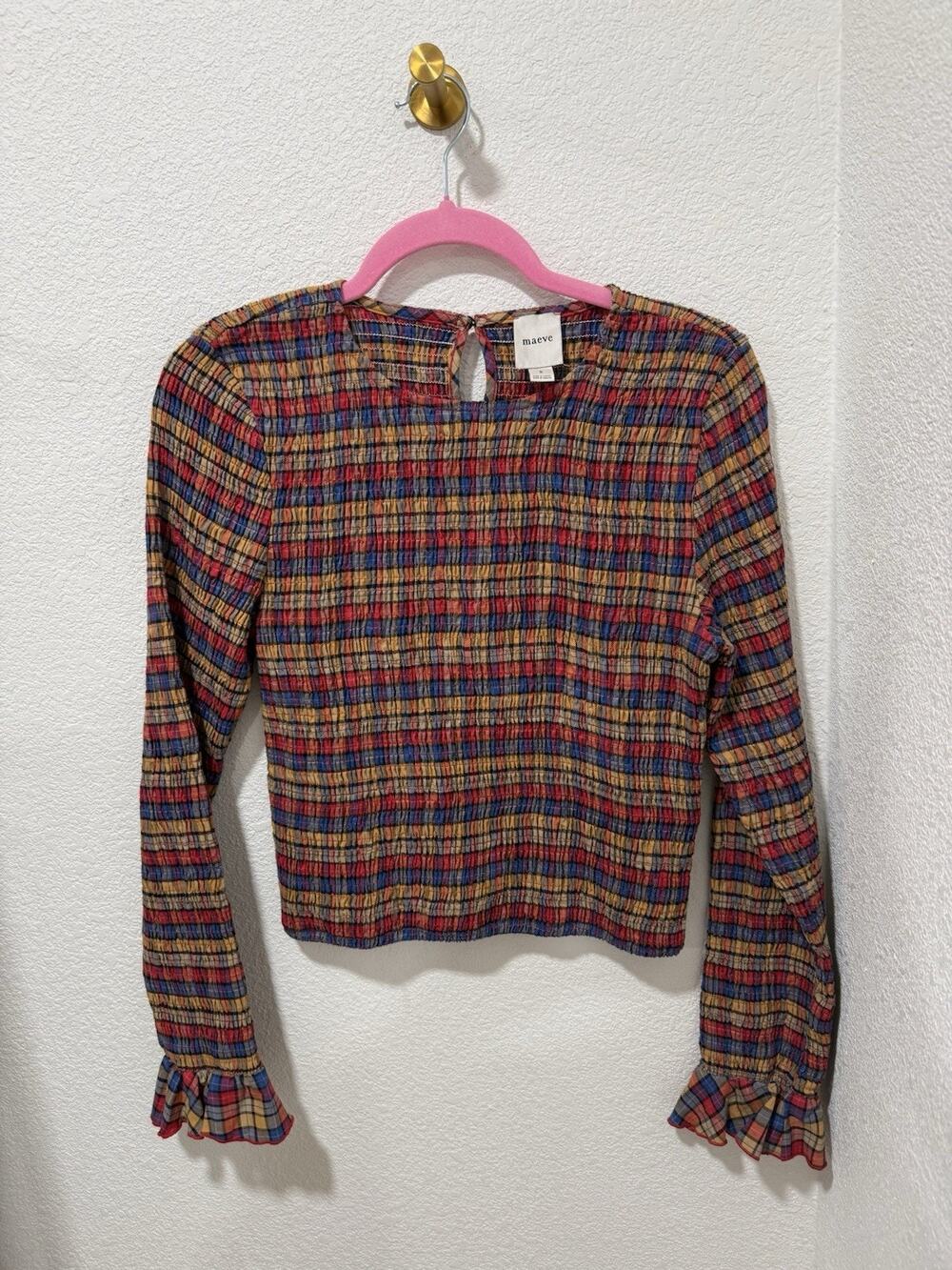 Anthropologie Maeve Sz Small Long Sleeve Smocked Stretch Cottagecore Prairie Top